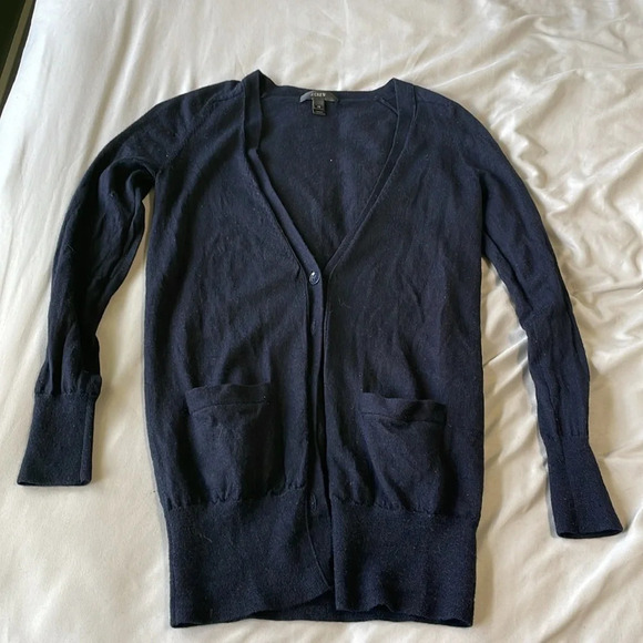 J. Crew button up navy 100% merino wool cardigan with pockets oversized XS - Picture 1 of 6